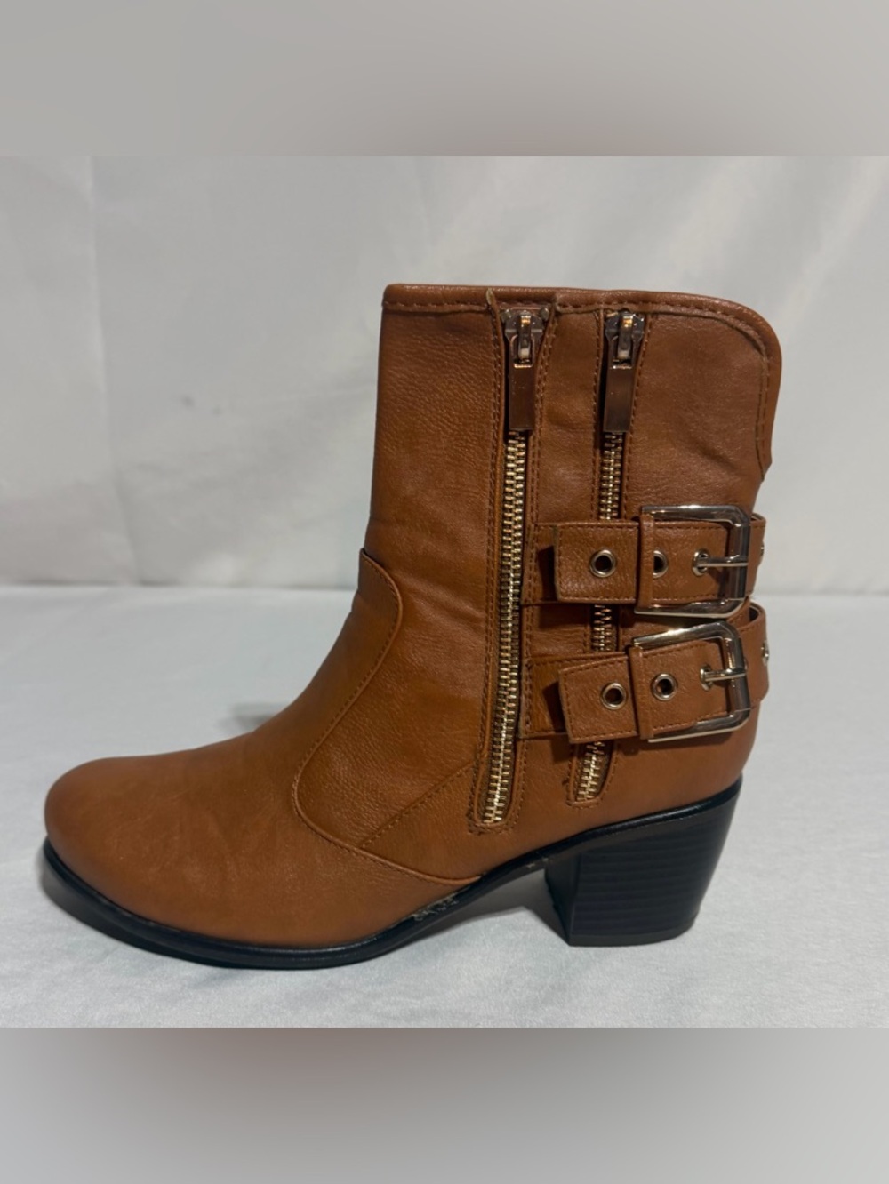 Dollhouse Brown Ankle Boots Womens Buckle Zip Faux Leather Heeled Booties 7.5